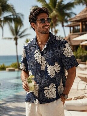 Men Hawaiian button shirt size Medium Tropical Storm Navy Color